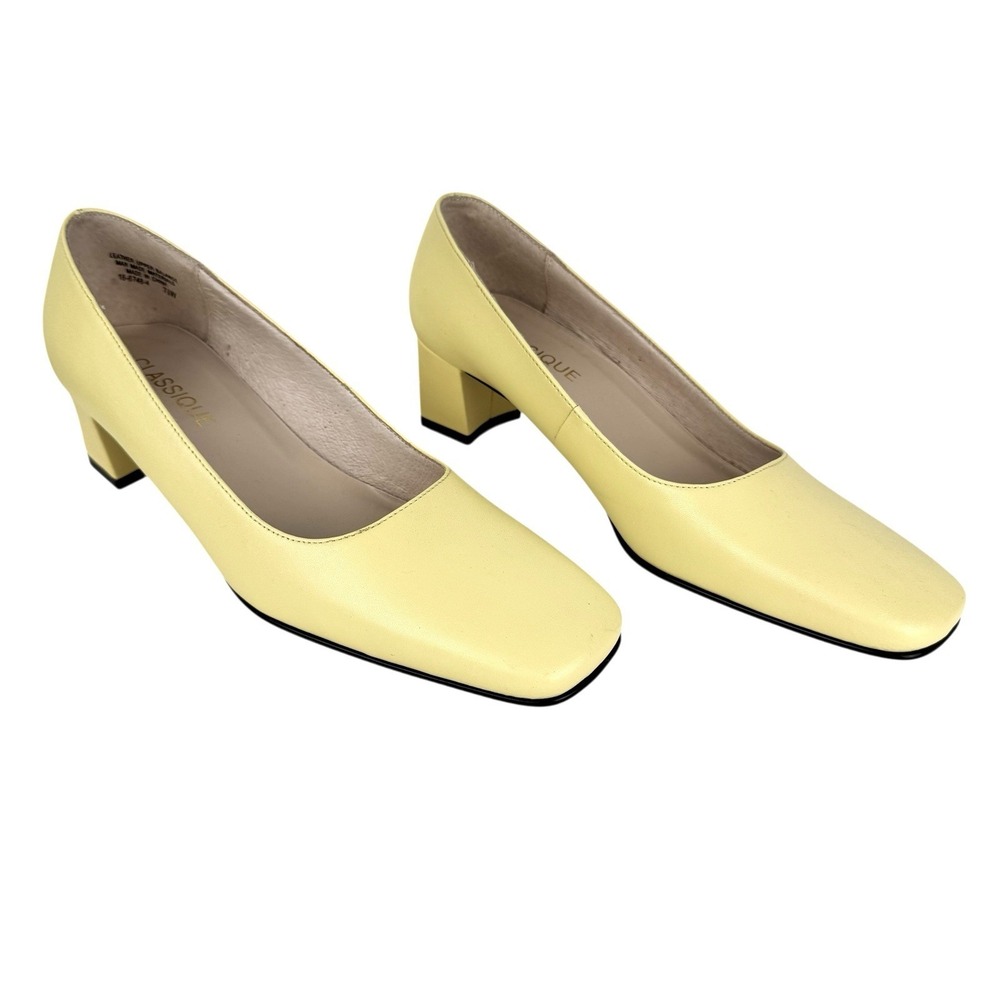 Retro Square Toe Leather Heels 7.5W Pastel Yellow Block Heel 60's Mod Office